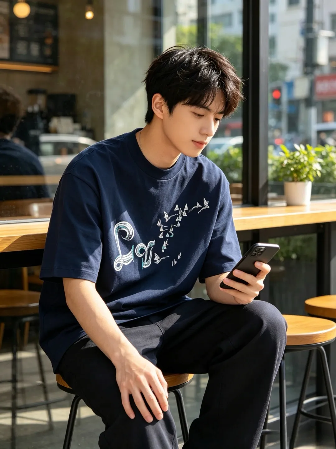 Louis Vuitton/Louis Vuitton gradient color thread sailboat and bird embroidery short sleeves